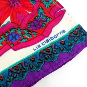 Rare Liz Claiborne Vintage Floral Silk Scarf Red Purple White Paisley Border